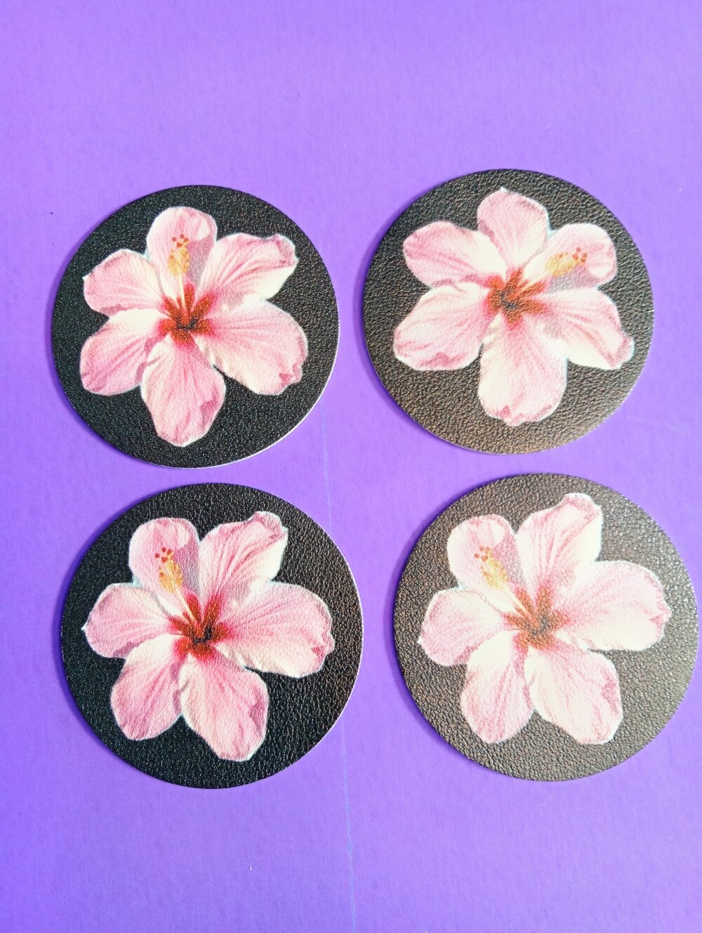 Pink Floral Round Adhesive Coasters - Set of 4 - Car Or Home